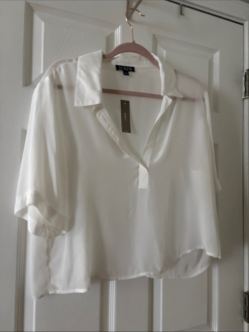 J. Crew Cream Short-Sleeve Silk-Like Collared Blouse